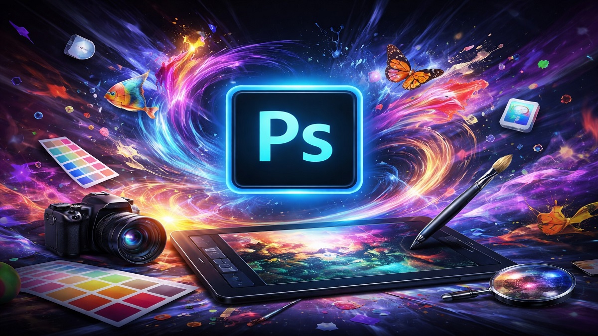 Adobe Photoshop image editing software interface and design tools
